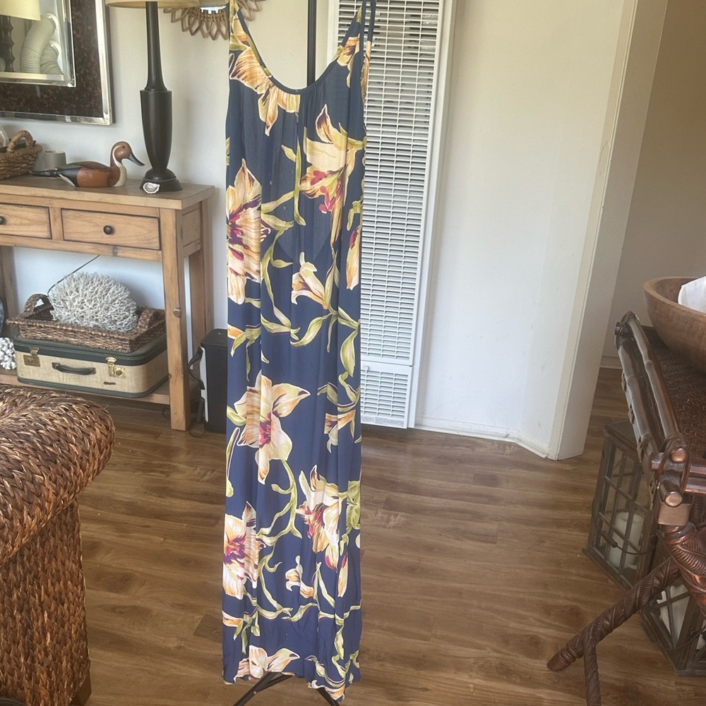 Flynn Skye Hawaiian Tropical Boho Maxi Scoopback Blue Dress